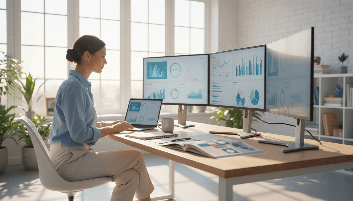 Marketing strategist working at desk with analytics dashboards