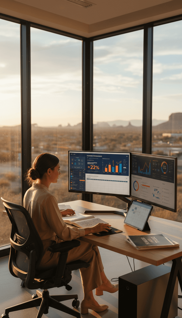 Digital marketing strategist analyzing campaign data on computer screens