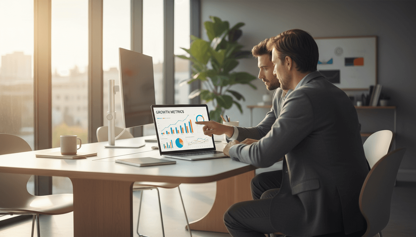 Two professionals reviewing digital marketing analytics on a laptop in a modern office setting