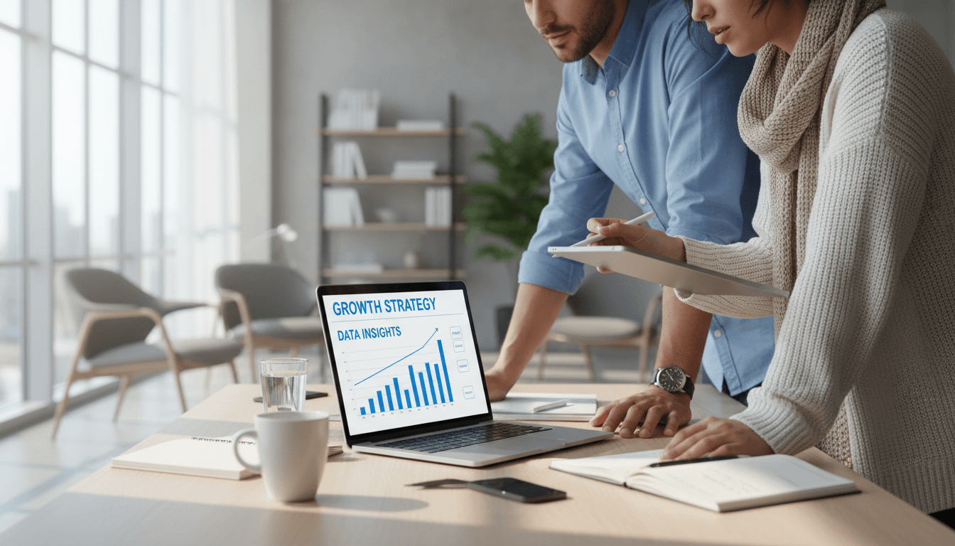Two professionals collaborating at a desk while reviewing digital marketing analytics on a computer screen