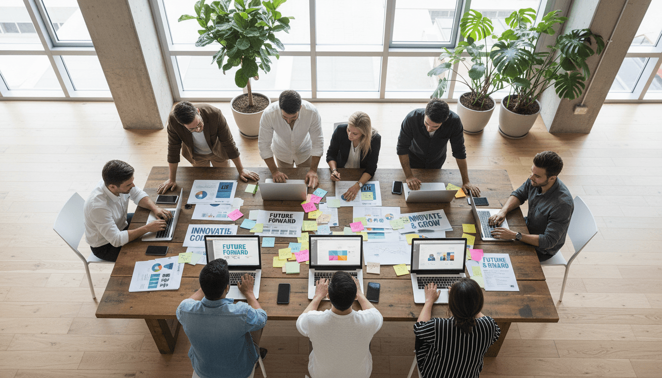Marketing team reviewing campaign strategy and analytics together at a modern workspace